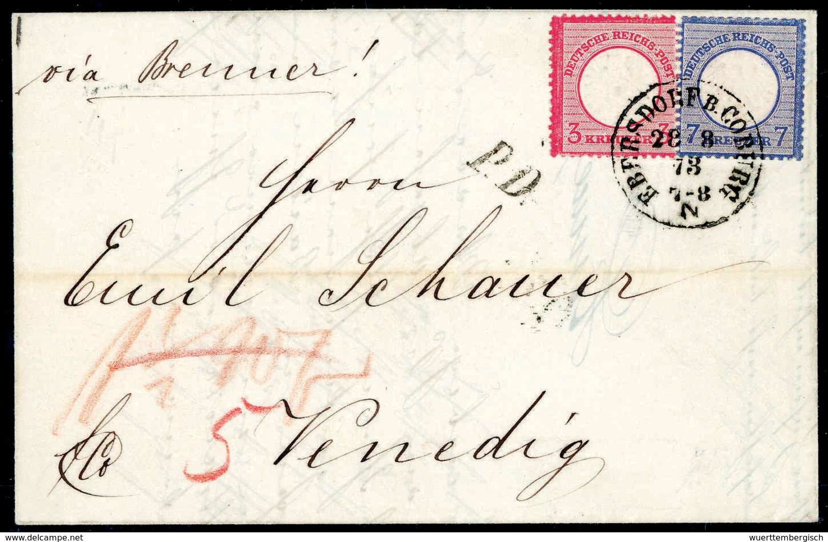 Beleg 7 Kr., Mischfrankatur Mit 3 Kr., Gr.Schild, Frische Kabinettstücke Mit Klarem Taxis-K1 EBERSDORF B.COBURG 28/8 73  - Sonstige & Ohne Zuordnung