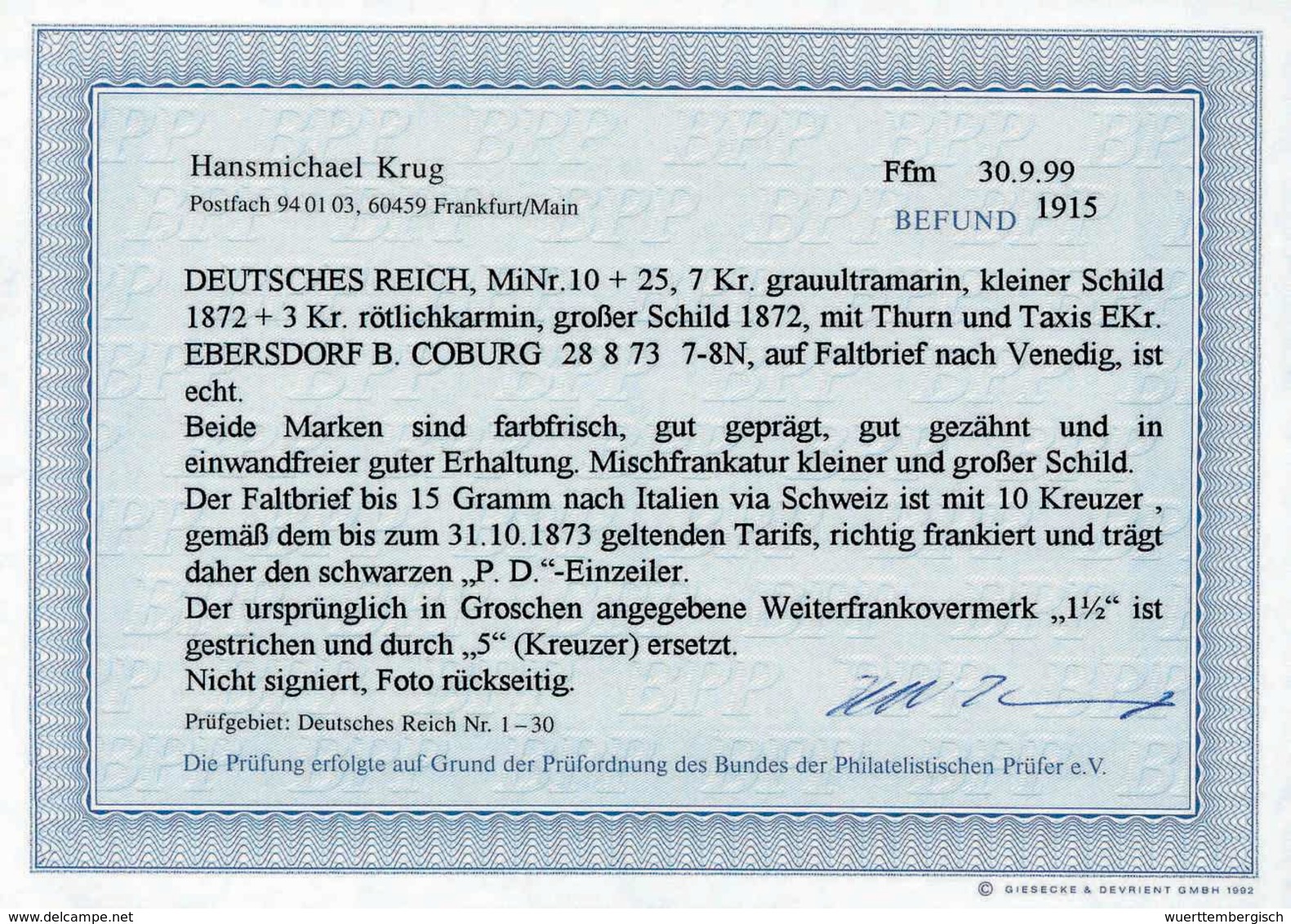 Beleg 7 Kr., Mischfrankatur Mit 3 Kr., Gr.Schild, Frische Kabinettstücke Mit Klarem Taxis-K1 EBERSDORF B.COBURG 28/8 73  - Other & Unclassified