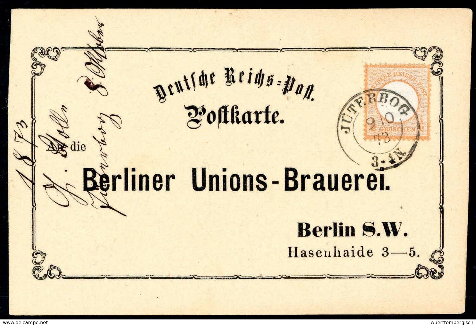 Beleg ½ Gr., Dekorative Zier-Postkarte An Die Berliner Unions-Brauerei Mit Idealem K2 JÜTERBOG 9/10 73. (Michel: 18) - Sonstige & Ohne Zuordnung