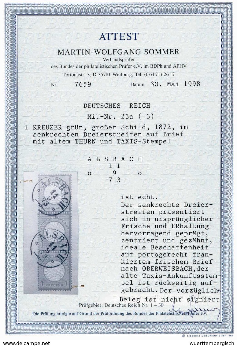 Beleg 1 Kr., Senkr. Luxus-Dreierstreifen In Leuchtender Farbe, Zwei Dekorativ Aufges. Taxis-K1 ALSBACH 11/9 73 Auf Schön - Other & Unclassified