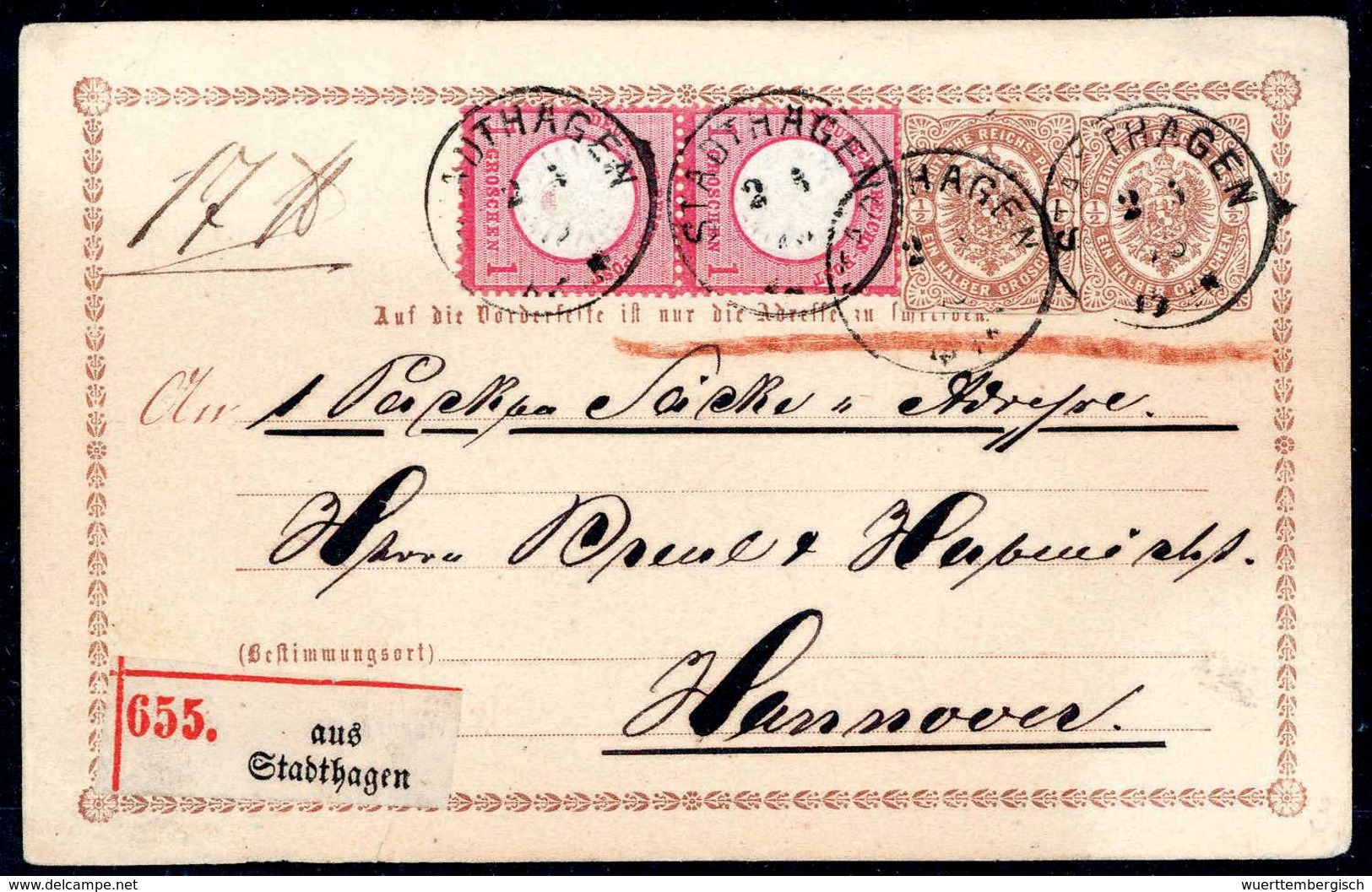 Beleg Ganzs.-Ausschnitt ½ Gr. Braun, Zusatzfrankatur Auf Postkarte ½ Gr. Braun Zusammen Mit Senkr. Paar 1 Gr. Rosa (ober - Sonstige & Ohne Zuordnung