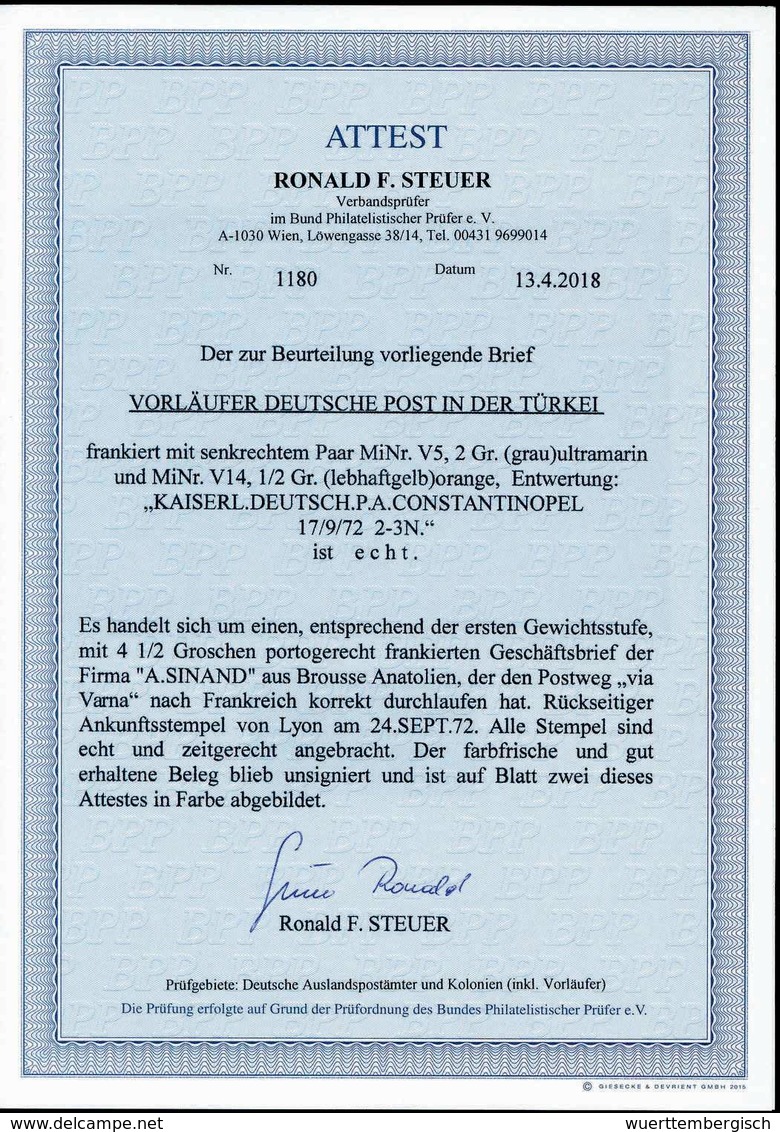 Beleg 2 Gr., Senkr. Paar Mit ½ Gr. Orange, Perfekt Erhaltene 4½-Gr.-Frankatur Auf Aktenfrischem Blauem Faltbrief Nach Ly - Other & Unclassified