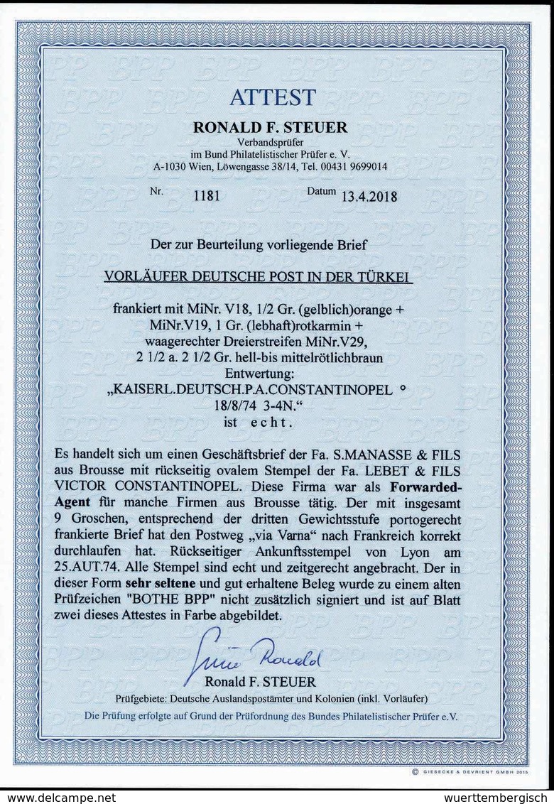 Beleg Forwarded-Brief Aus Brousse: ½ Gr. Mit 1 Gr. Karminrosa Und Waagr. Dreierstreifen 2½ A. 2½ Gr. Rotbraun Auf Schöne - Other & Unclassified