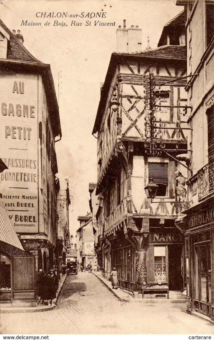 Cpa,saone Et Loire,chalon Sur Saone,maison De Bois,rue Saint Vincent,tabac,bonneterie, Boulangerie,rue Ancienne,pavés,71 - Chalon Sur Saone