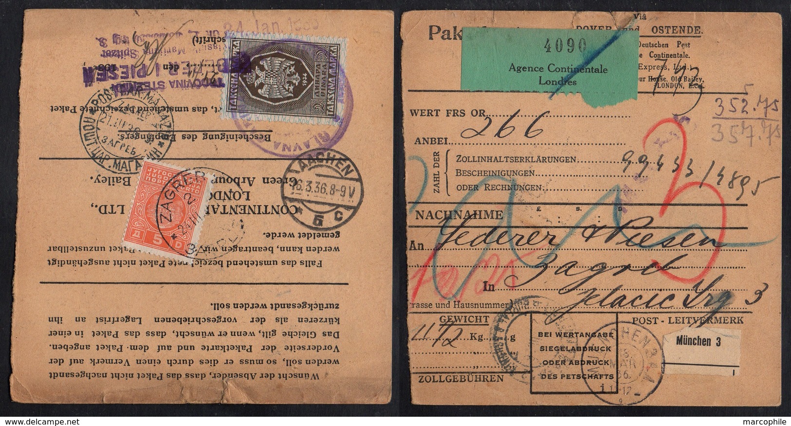 YOUGOSLAVIE - JUGOSLAVIA / 1936 COLIS POSTAL CONTRE REMBOURSEMENT DE LONDRES POUR  ZAGREB (ref LE2326) - Covers & Documents