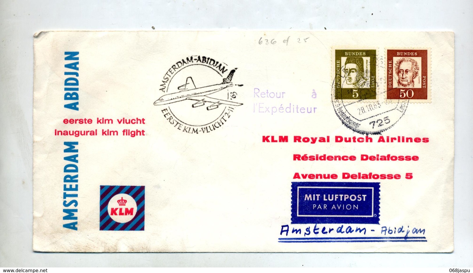 Lettre Premier Vol KLM Amsterdam Abidjan - Airplanes