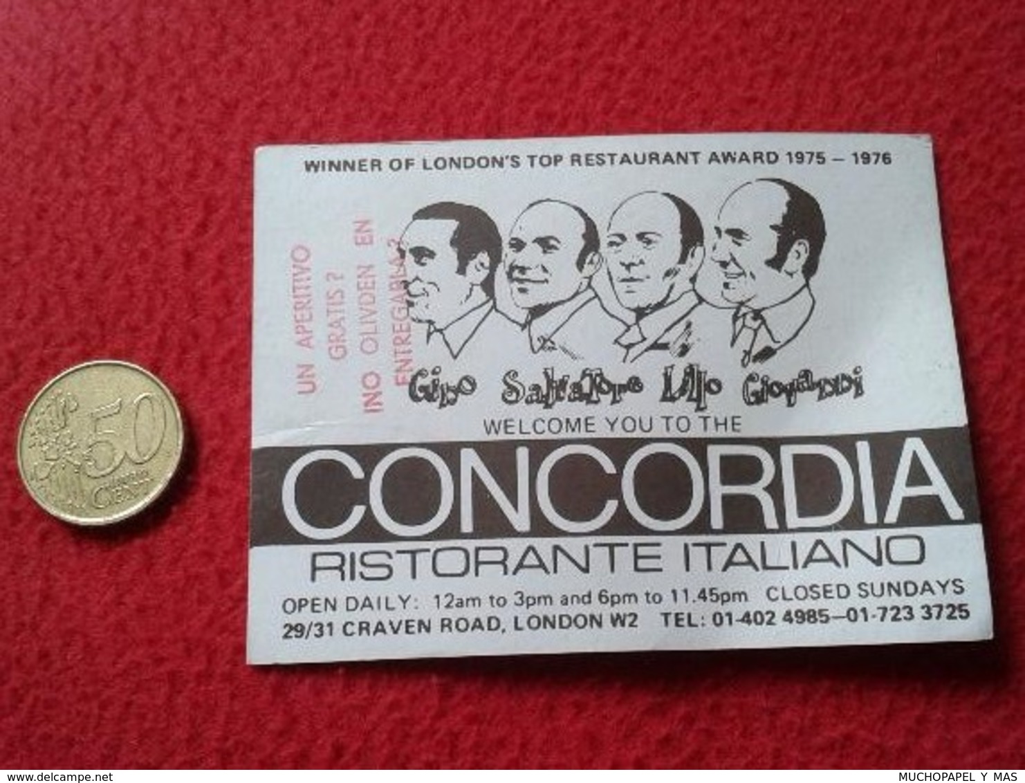 ANTIGUA TARJETA DE VISITA VISIT CARD PUBLICIDAD PUBLICITARIA O SIMIL CONCORDIA NOTTE RISTORANTE ITALIANO LONDON ENGLAND - Tarjetas De Visita