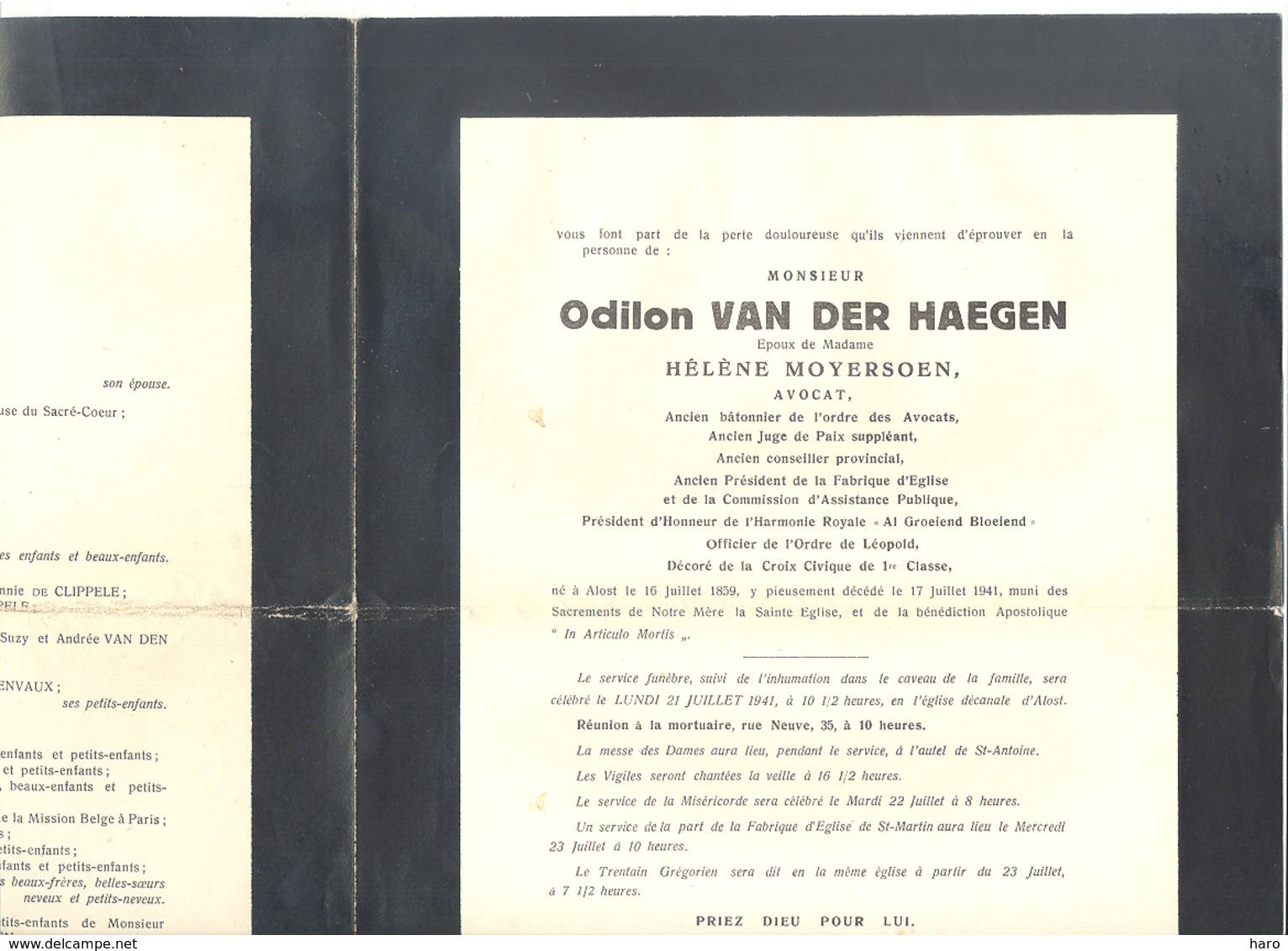 Faire-part De Décès M. Odilon Van Der HAEGEN ép. De H. Moyersoen, Avocat, Juge,.. AALST 1859 / 1941(b228) - Todesanzeige