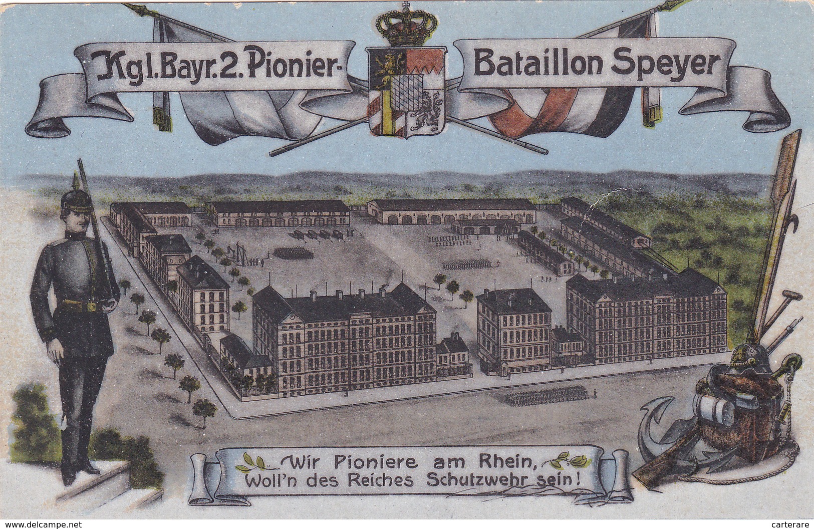 Cpa,bataillon Speyer Du Génie Royal Bavarois,fondée En 1872,stationnement Sur Le Rhin,wir Pioniere Am Rhein,rare - Otros & Sin Clasificación