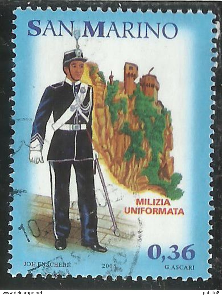 REPUBBLICA DI SAN MARINO 2005 MILIZIA UNIFORMATA SOTTUFFICIALE CON SCIABOLA E LA TERZA TORRE € 0.36 USATO USED OBLITERE' - Gebruikt