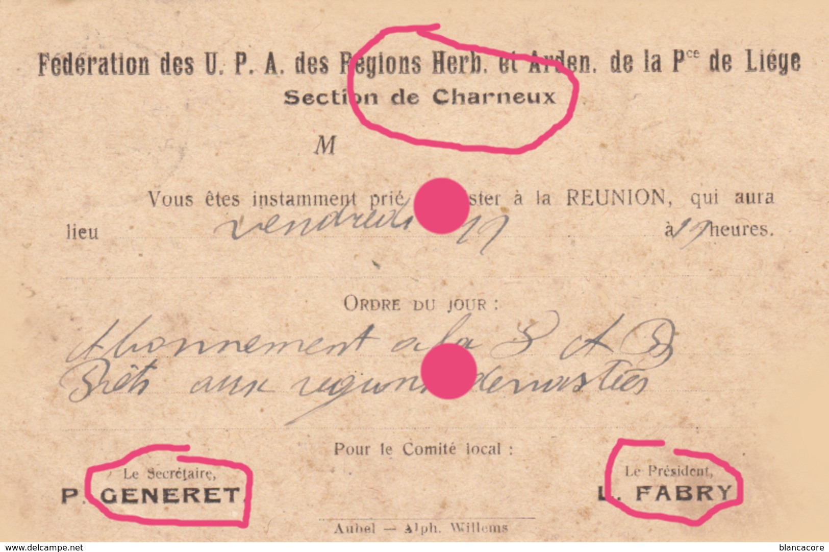 Agriculture Fédération Des UPA U.P.A.  Section De Charneux ( Herve ) 1919 Generet & Fabry Carte Correspondance - Herve