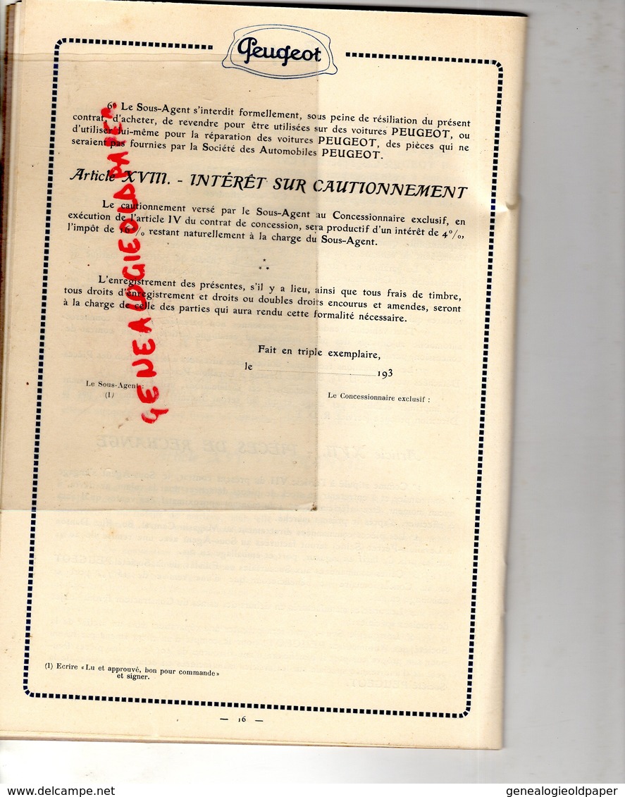 AUTO- AUTOMOBILE- RARE CONTRAT DE SOUS AGENCE EXCLUSIVE PEUGEOT- 1930-1931