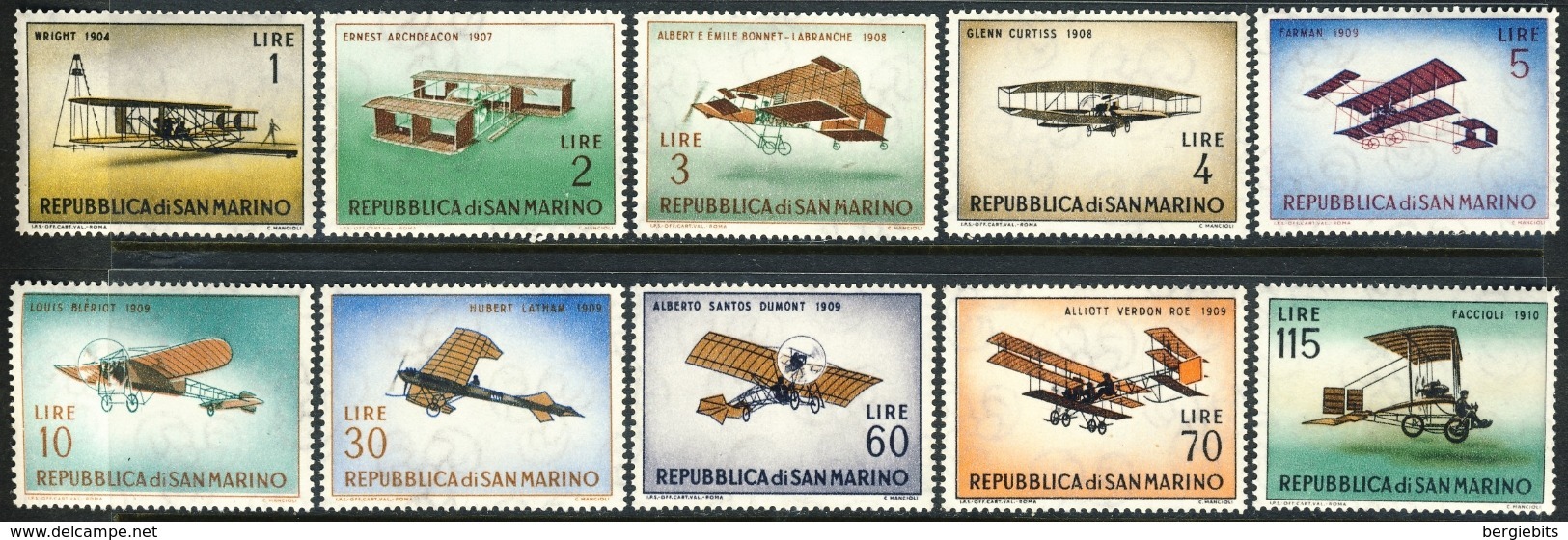 1972 San Marino Complete MNH Set Of 10 Stamps "Vintage Airplanes" Michel 719-728 - Unused Stamps