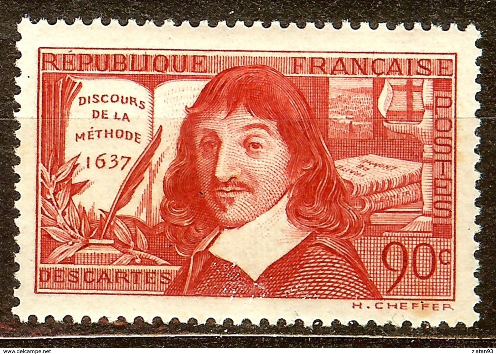 SUPERBE DESCARTES YT N°342 90c Rouge Brique NEUF Avec GOMME** Cote 12 Euro PAS D'AMINCI - Unused Stamps