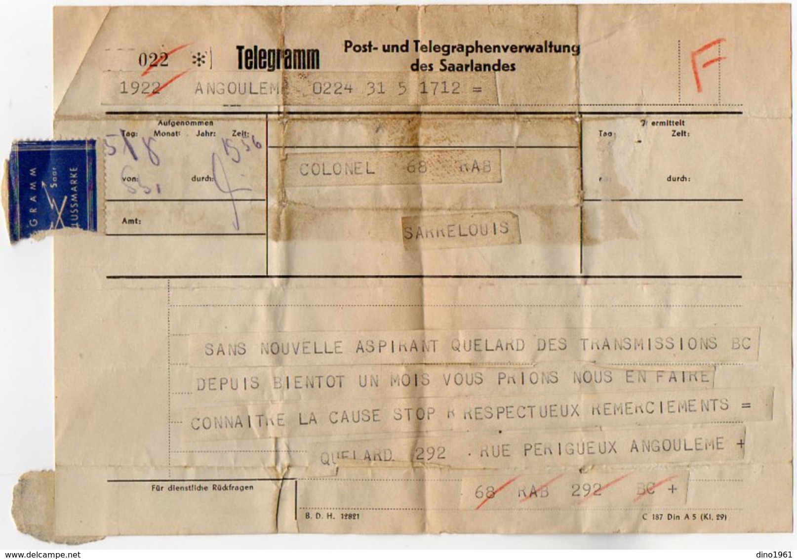 VP12.021 - MILITARIA - ANGOULEME X SARRELOUIS - Soldat Aspirant QUELARD Des TRANSMISSIONS - Documenti