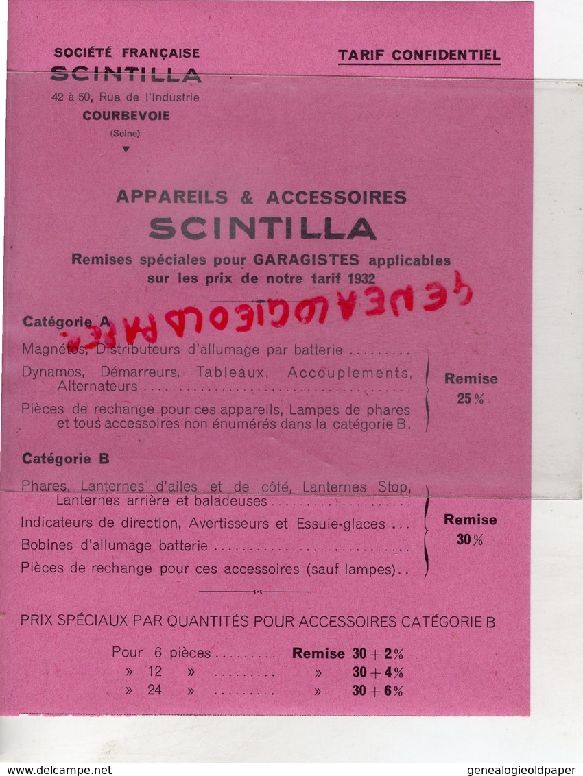 92- COURBEVOIE- TARIF MAI 1931- SCINTILLA-MAGNETOS AUTO- BATTERIE-DYNAMOS-PHARES-42 RUE INDUSTRIE-DEMARREURS