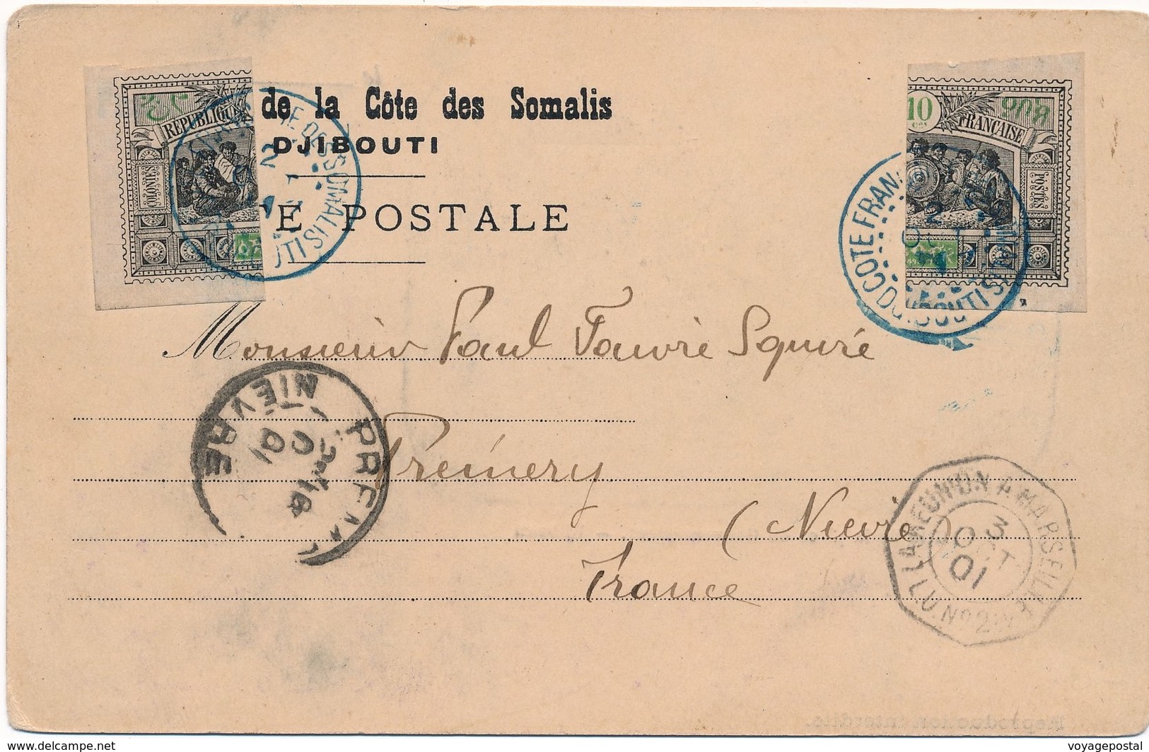 Cote Française Des Somalis Djibouti Timbres Coupés En Deux Cachet De Ligne Cover Bisect - Cartas & Documentos