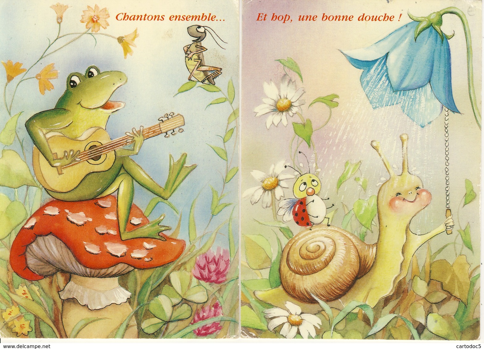 Lot De 2 Cp  10-15 Chantons Ensemble Grenouille Guitariste Asise Sur Un Champignon-Et Hop Une Bonne Douche Escargot - Contemporary (from 1950)