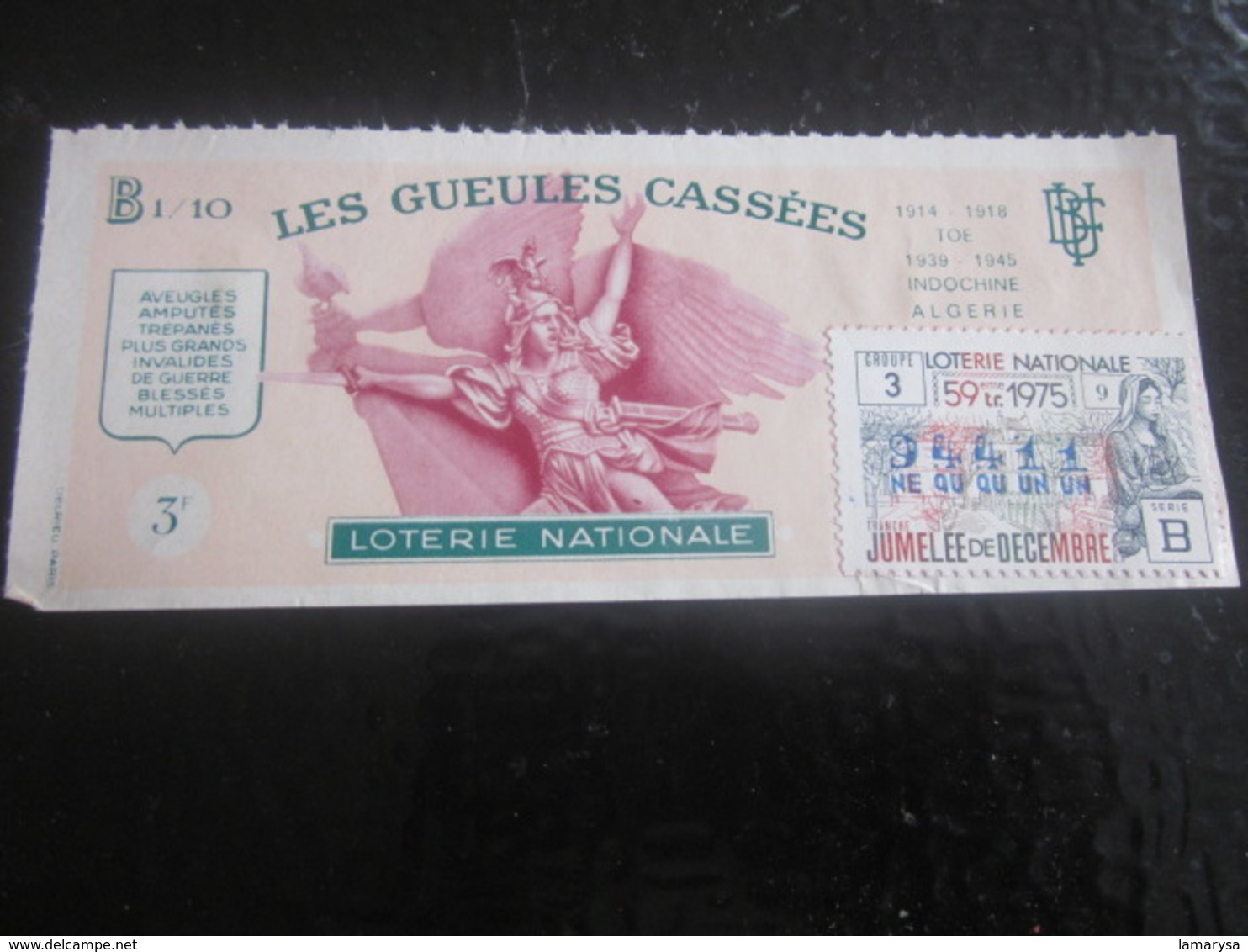 Billet Loterie Nationale Française Les Gueules Cassées Jumelée Décembr 1975 Vignette Taille Douce Lottery-Scratch-Ticket - Billets De Loterie