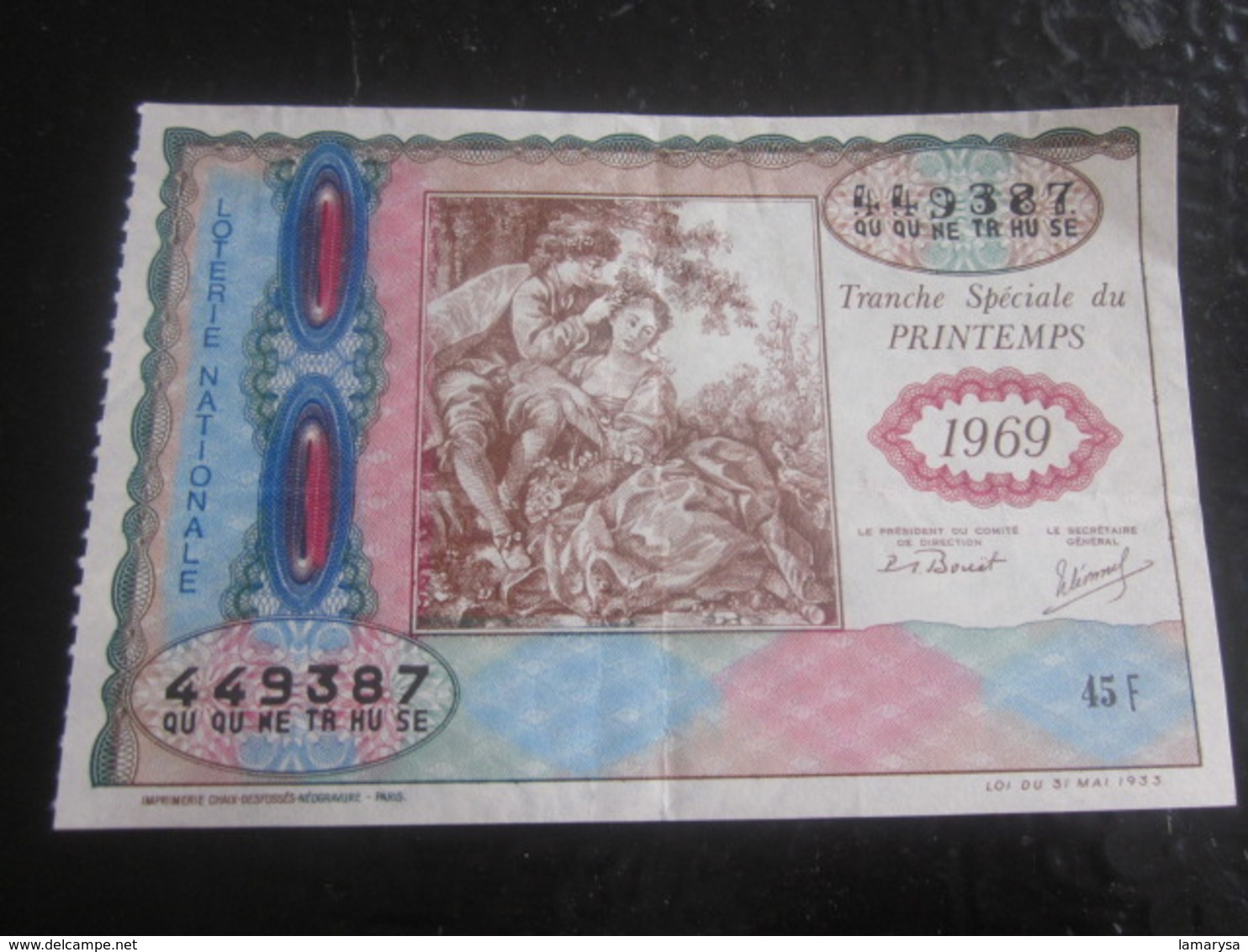Billet Loterie Nationale Française 1969 Tranche Spécial Printemp Lottery-Scratch-Ticket Entier 45 Fr Tirage Taille Douce - Billets De Loterie