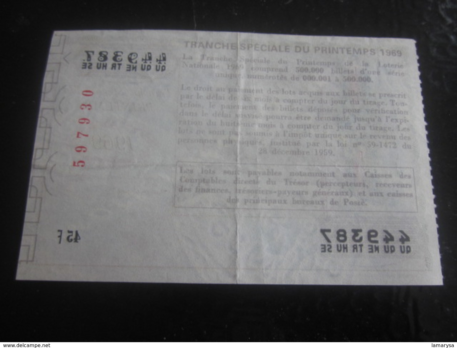 Billet Loterie Nationale Française 1969 Tranche Spécial Printemp Lottery-Scratch-Ticket Entier 45 Fr Tirage Taille Douce - Billets De Loterie