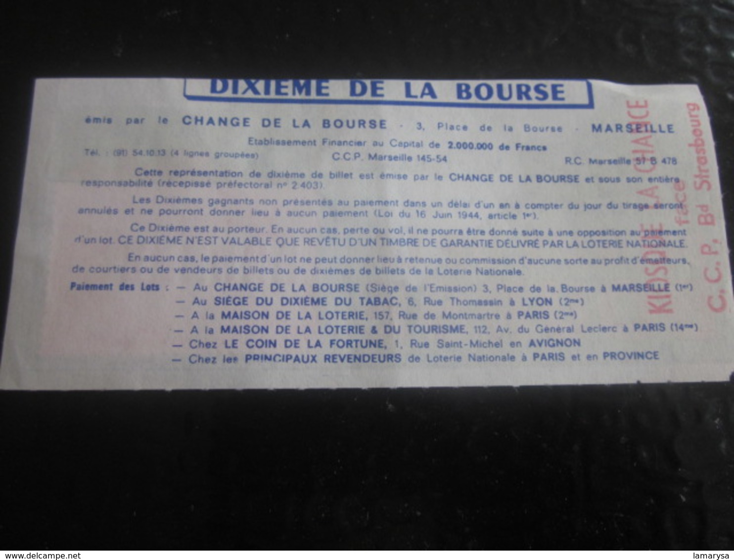 Billet Loterie Nationale Française 1970--1/10é De La Bourse Marseille Lottery-Scratch-Ticket 21 F Vignette Taille Douce - Billets De Loterie