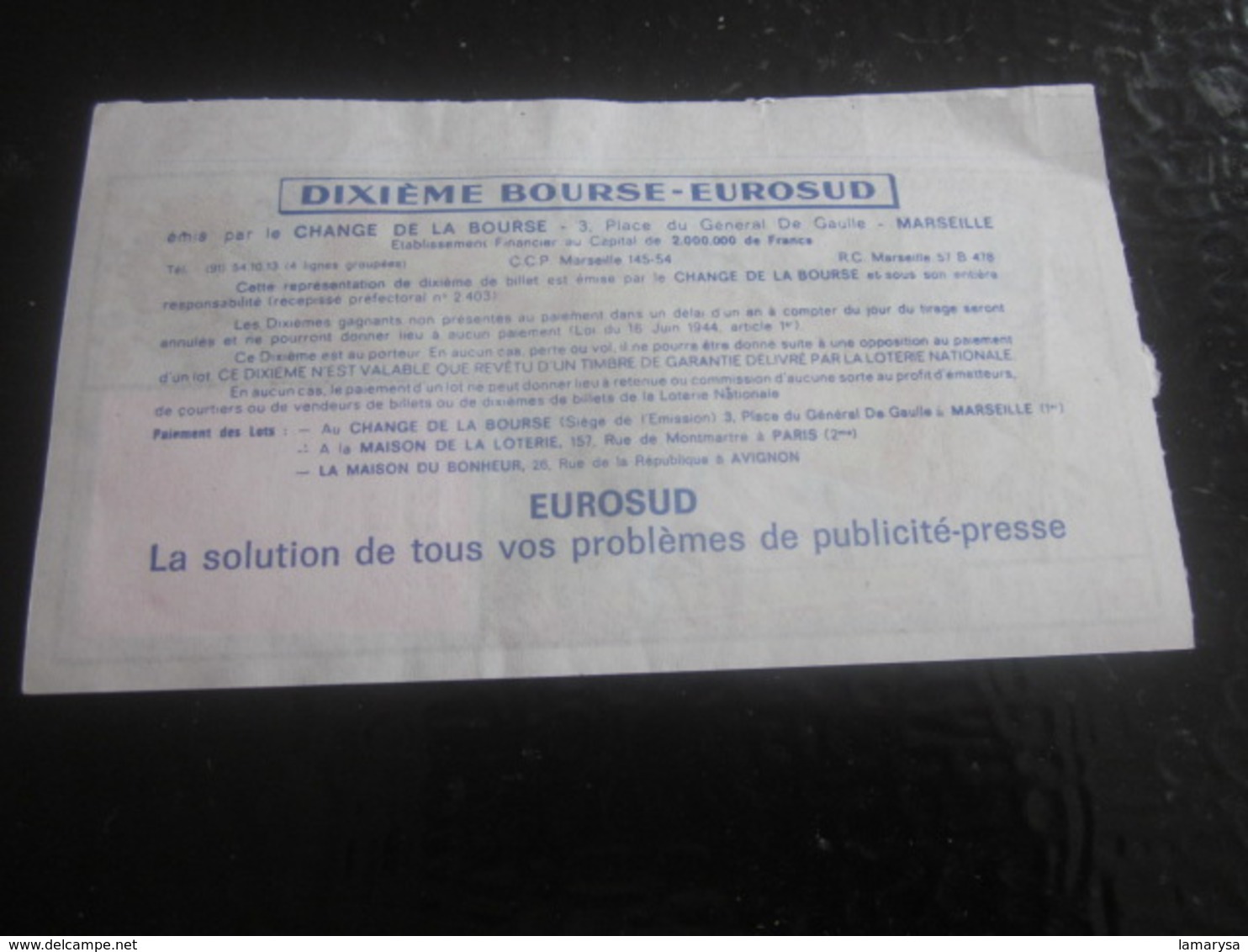 Billet Loterie Nationale Française 1975-1/10é Bourse Marseille Lottery-Scratch-Ticket-Vignette Tranche Des Vendanges Rai - Billets De Loterie