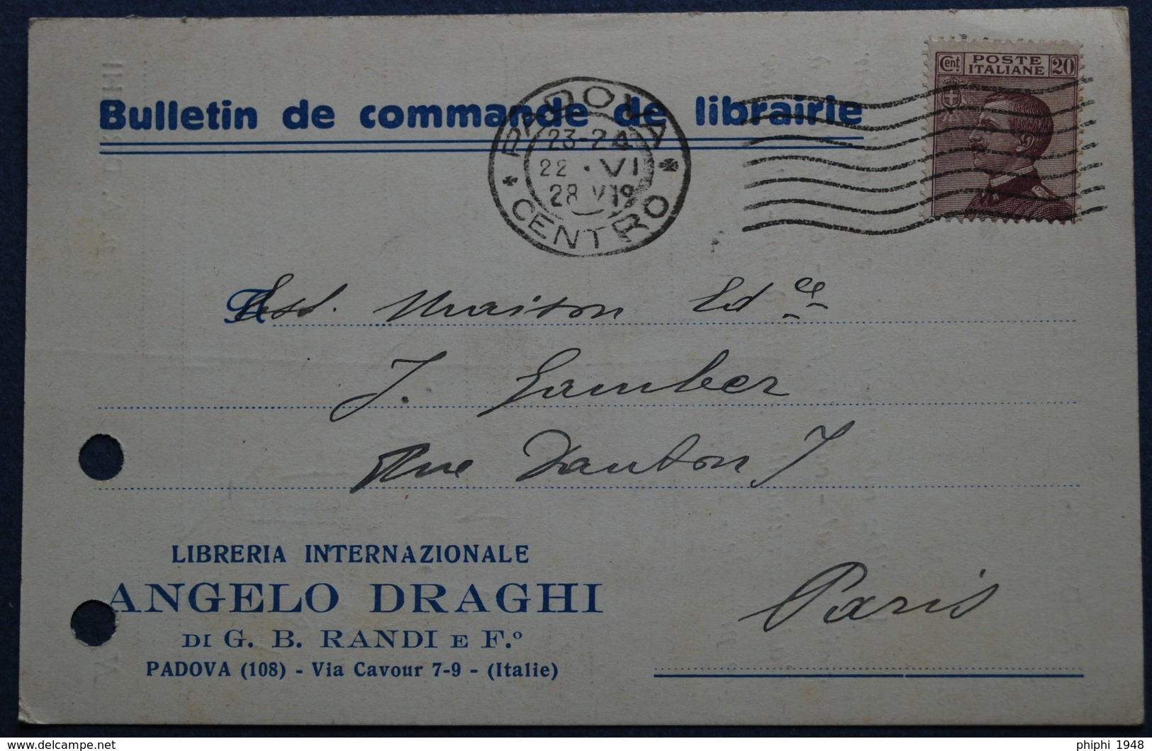 Carte Commerciale PADOUE Pour PARIS. 1928 - Storia Postale