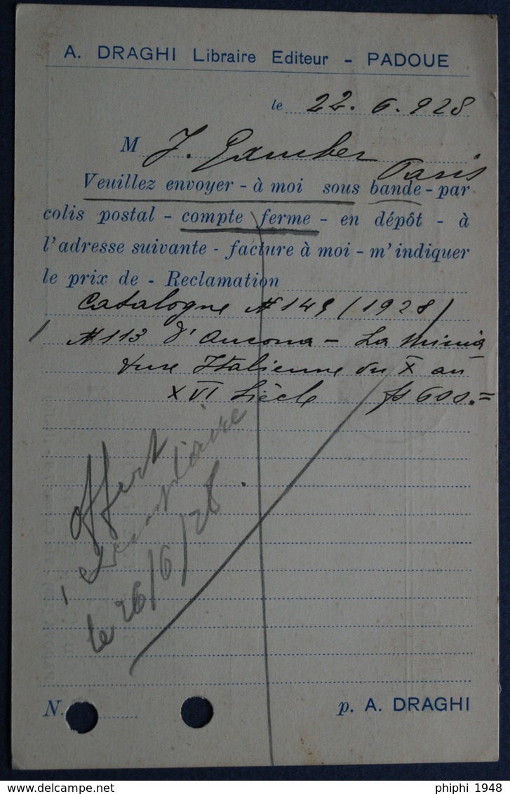 Carte Commerciale PADOUE Pour PARIS. 1928 - Marcophilie