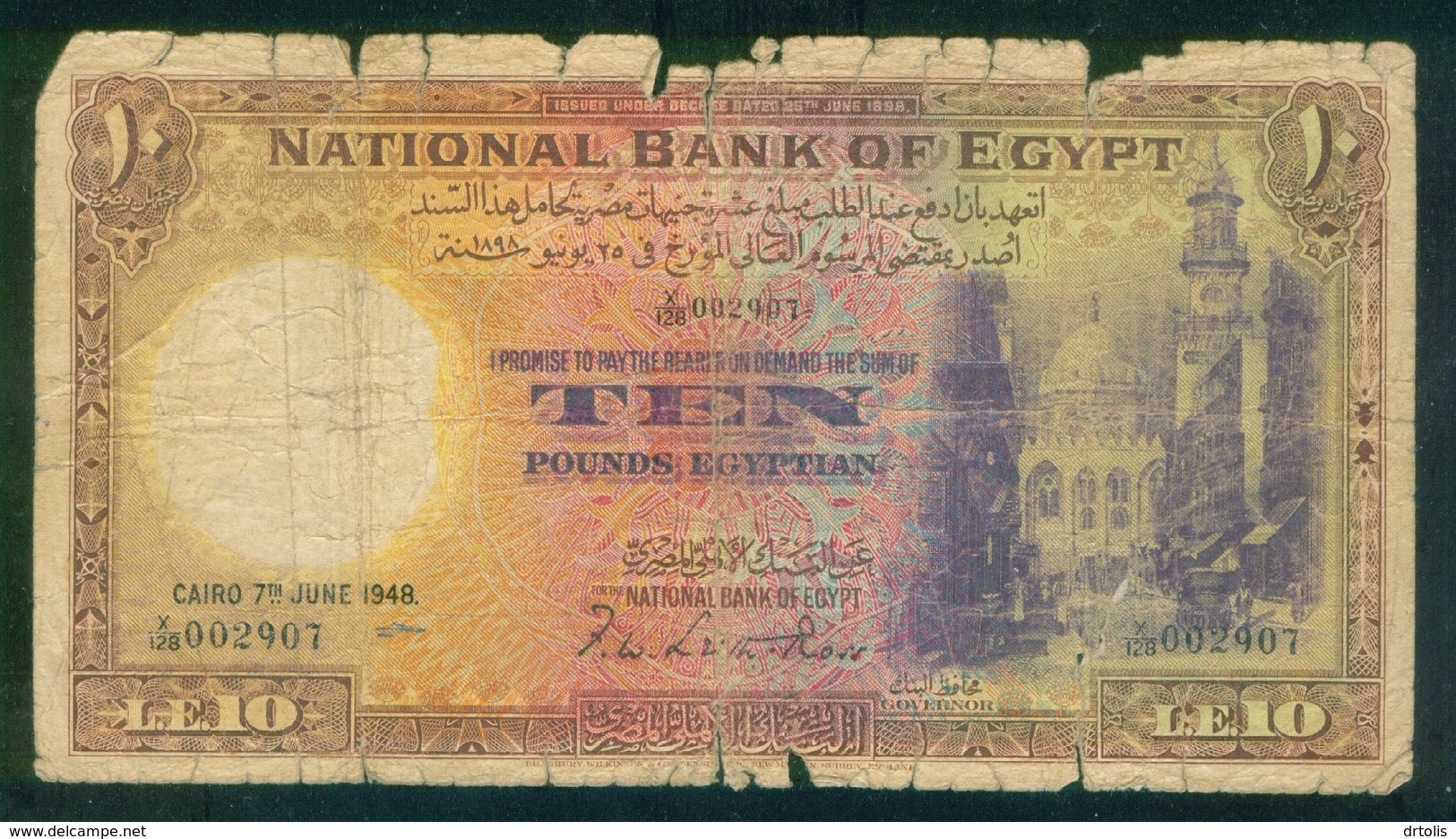 EGYPT / 10 POUNDS / DATE : 7-6-1948 / P- 41 ( 2 ) / PREFIX : X / 128 / BAD USED - Egypte