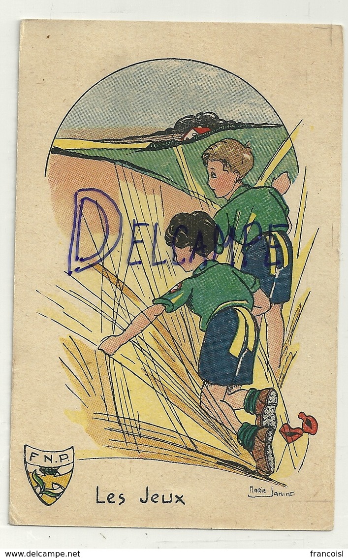 Scouts Dans Les Blés. Ecusson F.N.P. Les Jeux. Signée Marie Jaminet - Scoutisme