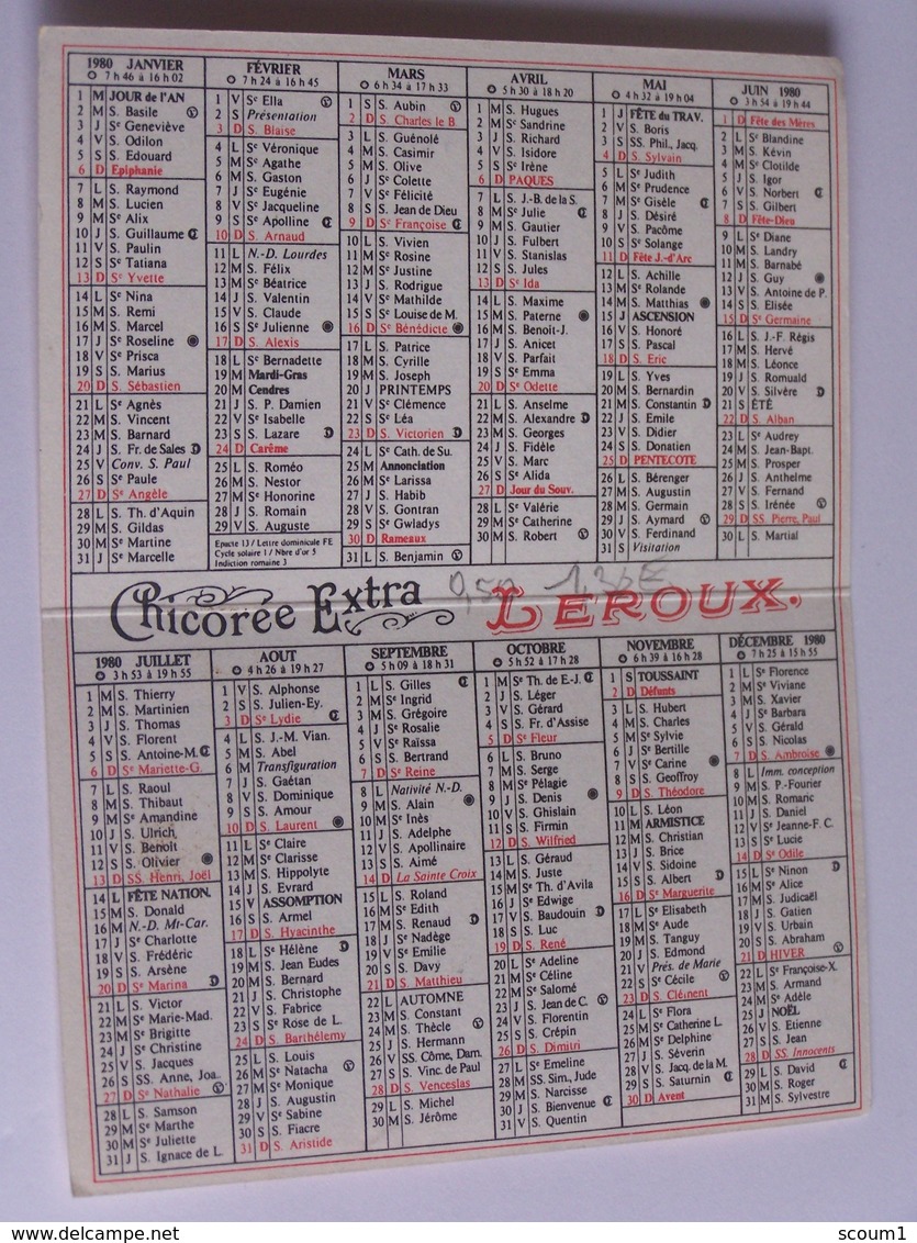 Petit Calendrier Chicorée Leroux 1980 - Petit Format : 1971-80