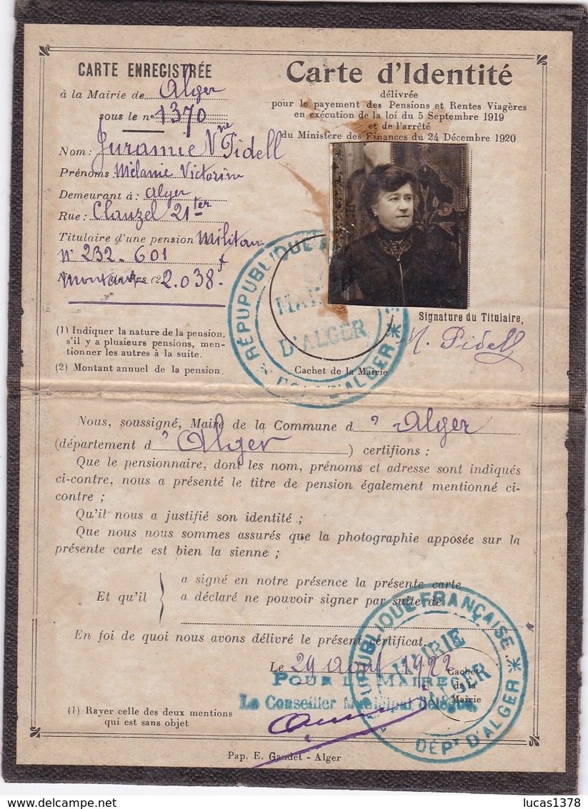 ALGER 1922 / RARE CARTE D'IDENTITE POUR PAYEMENT PENSIONS ET RENTES VIAGERES - Documents Historiques