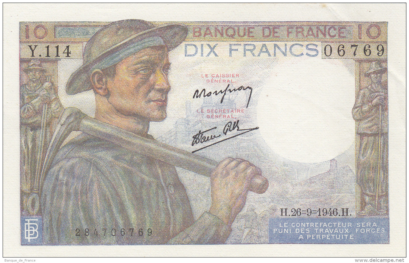 Billet 10 F Mineur Du 26-9-1946 FAY 8.15 Alph. Y.114 SPL - 10 F 1941-1949 ''Mineur''