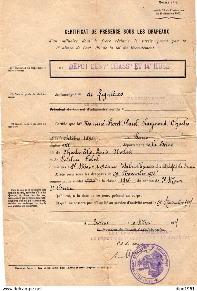 VP12.028 - MILITARIA - Guerre 14 / 18 - EVREUX- Certificat De Présence Sous Les Drapeaux - Soldat P. RORET De SAINT MAUR - Documentos