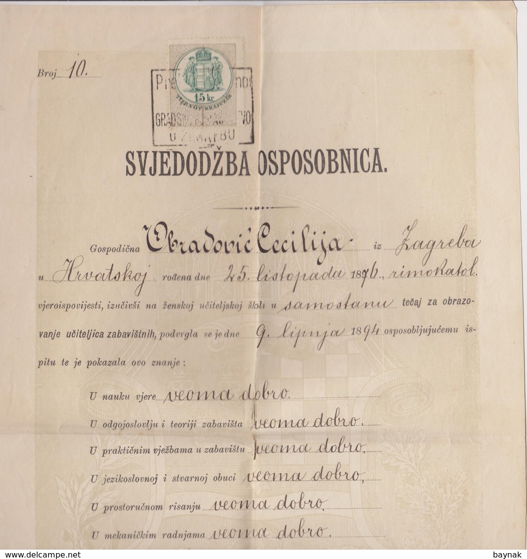 CROATIA, ZAGREB  --  ZENSKA UCITELJSKA SKOLA  ( PREPARANDIJA ) ~~.  SVJEDODZBA OSPOSOBNICA,   - 1894 /  TAX STAMP - Diplomas Y Calificaciones Escolares