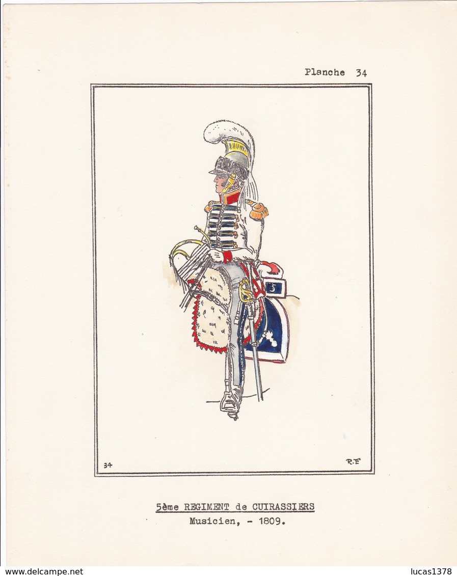 19 MAGNIFIQUES PLANCHES UNIFORMOLOGIQUE CUIRASSIERS TROMPETTE 1809.1810 COLOREES A LA MAIN / TRES BEAU PAPIER  / RARE ++