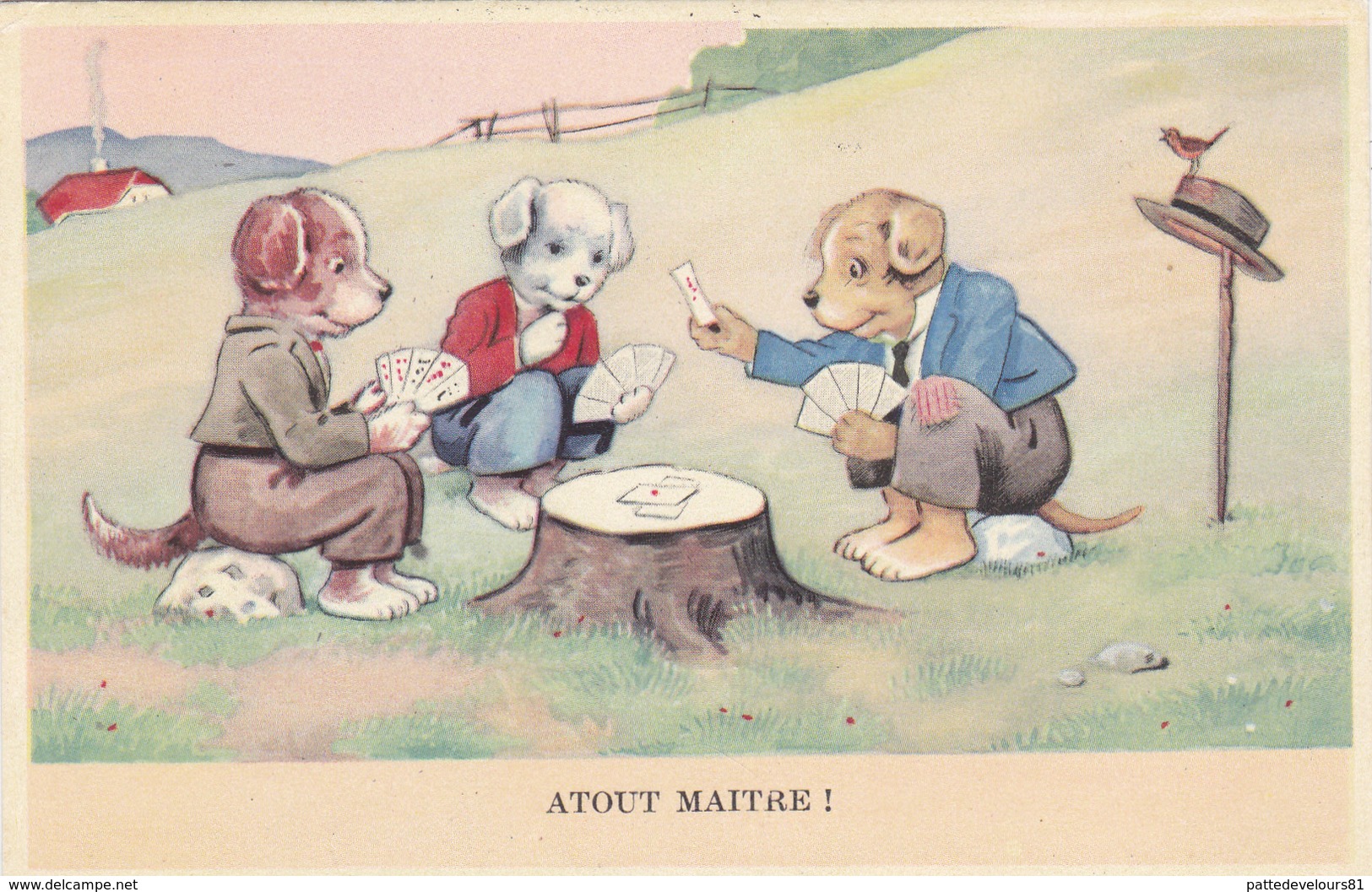 CPA Animal Humanisé Position Humaine Chien Dog Joueur De Cartes Playing Cards Cartes à Jouer Illustrateur - Chiens