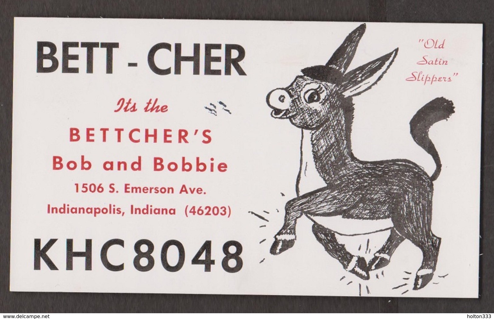 CB QSL Card - Donkey - Bob & Bobbie Bettcher Indianapolis, Indiana - CB