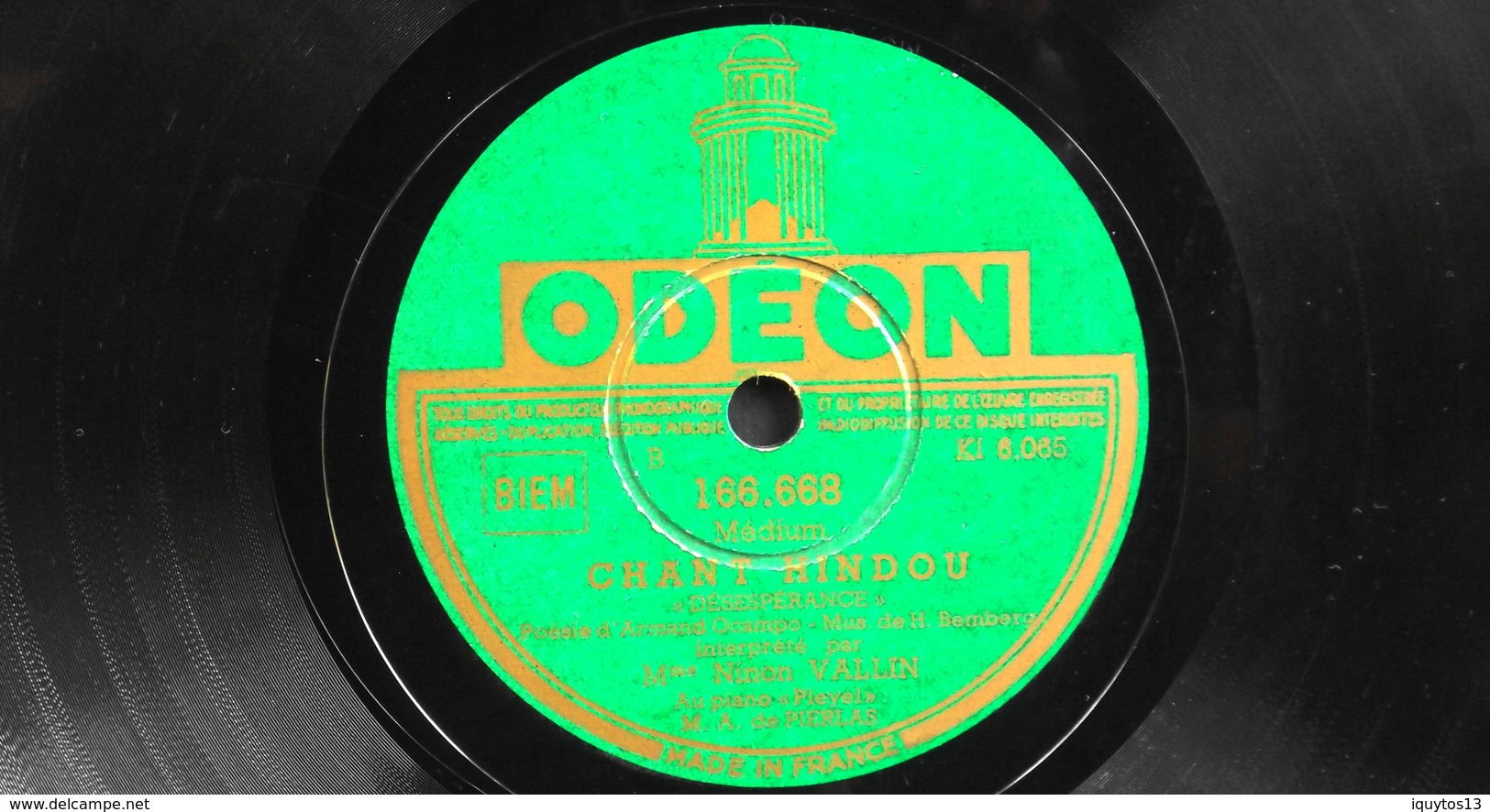 78 Trs - ODEON 166.668 - Mme Ninon VALLIN - Noël Et Chant Hindou - Bon Etat - 78 Rpm - Schellackplatten