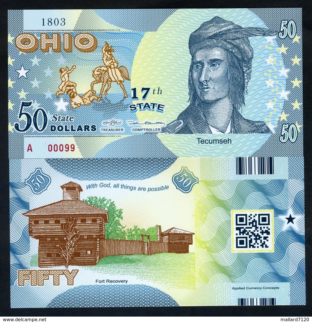 USA States, Ohio, $50, Polymer, Not Dated (2016), UNC Tecumseh - Autres & Non Classés