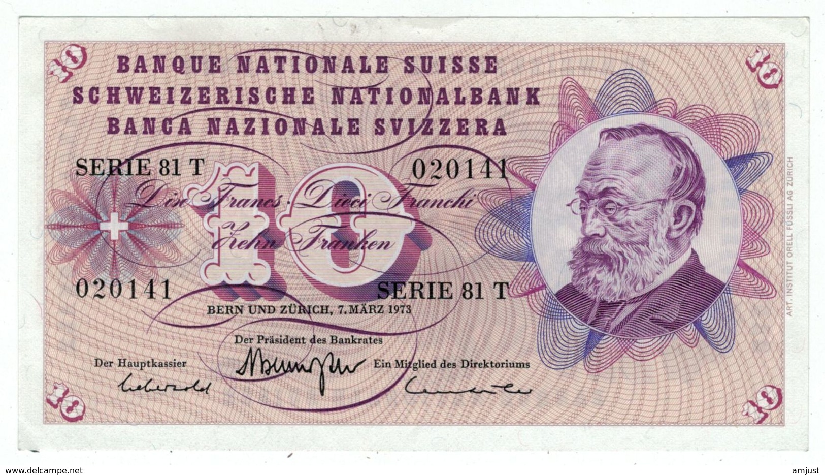 Suisse // Schweiz // Switzerland // 10 Francs 1973 No.020141 Série 81T  (billet Neuf) - Suisse