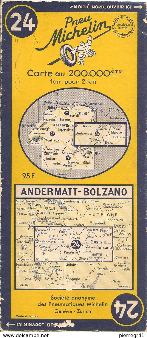 CARTE-ROUTIERE-MICHELIN-N °24-1952-ANDERMATT-BOLZANO-PAS De COUPURES- BE - Cartes Routières