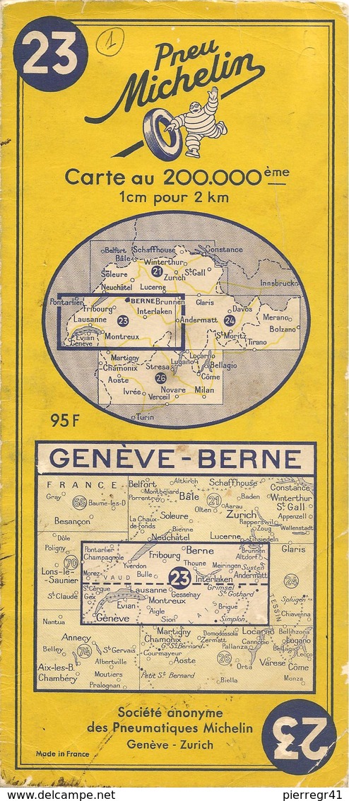 CARTE-ROUTIERE-MICHELIN-N °23-1955-GENEVE-BERNE-PAS De COUPURES- BE - Cartes Routières