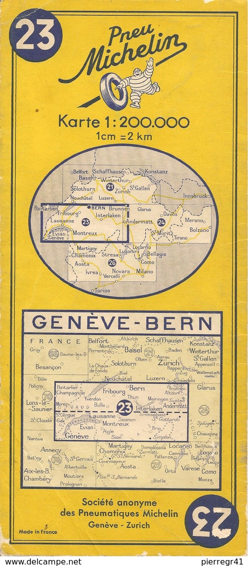 CARTE-ROUTIERE-MICHELIN-N °23-1955-GENEVE-BERNE-PAS De COUPURES- BE - Cartes Routières