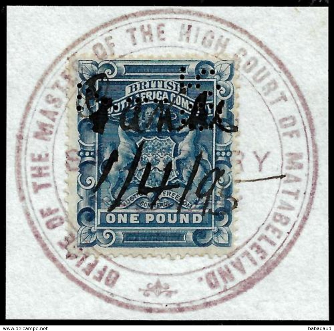 S.Rhodesia / B.S.A.Co., 1892, £1, MASTER OF HIGH COURT MATABELELAND Revenue Cancel - Zuid-Rhodesië (...-1964)