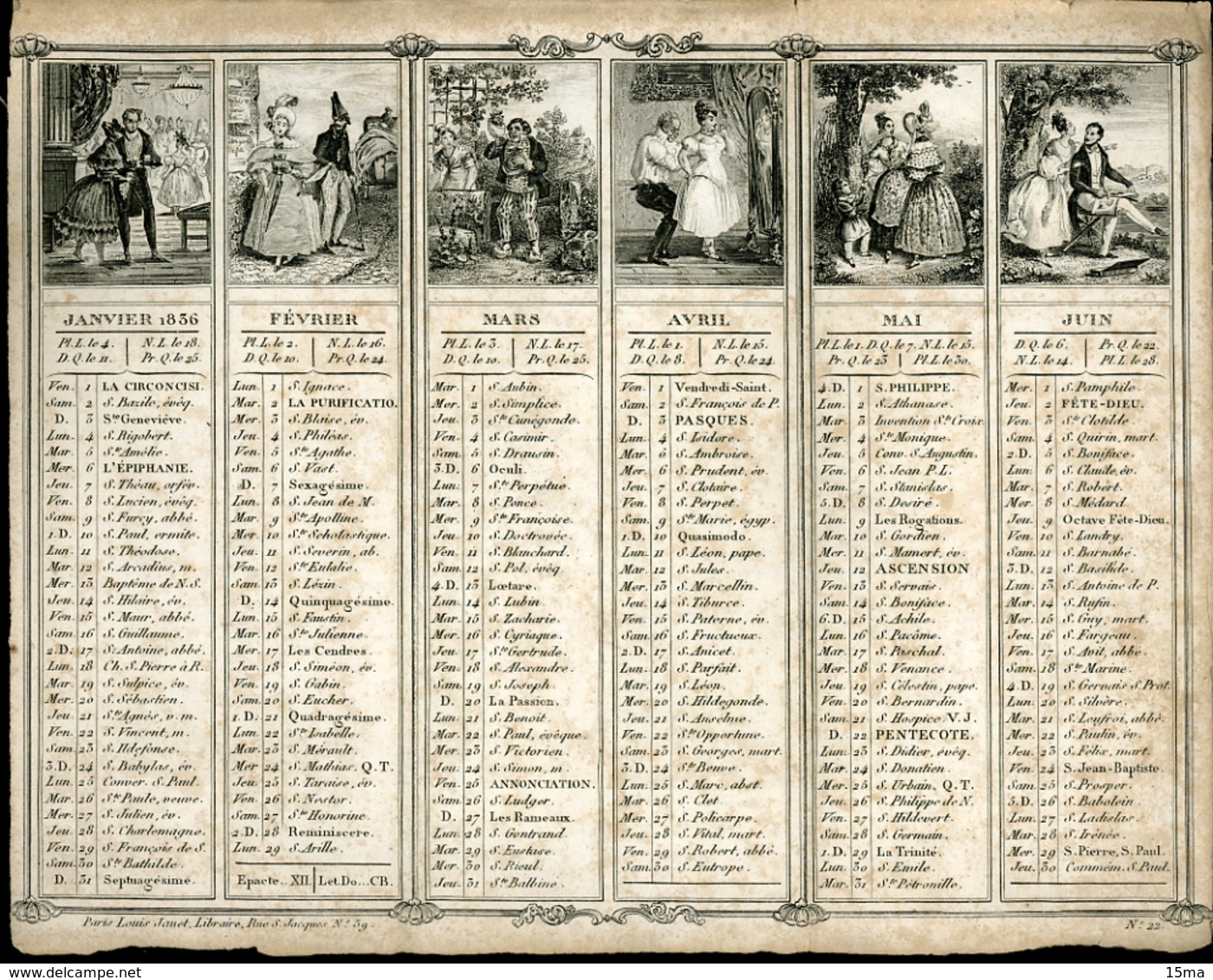 Calendrier 1836 Deux Feuilles 21x26 Cm - Autres & Non Classés