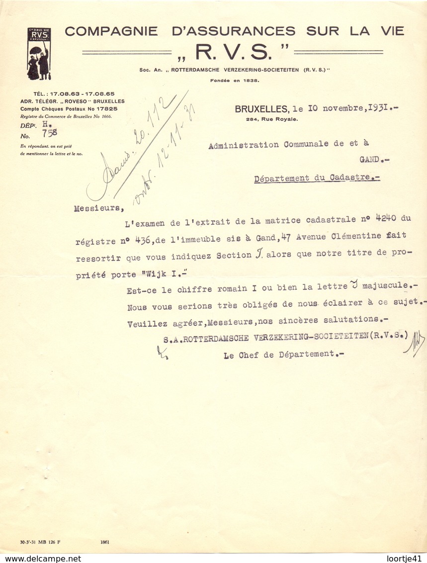 Brief Lettre - Assurances RVS - Bruxelles 1931 - Bank & Insurance