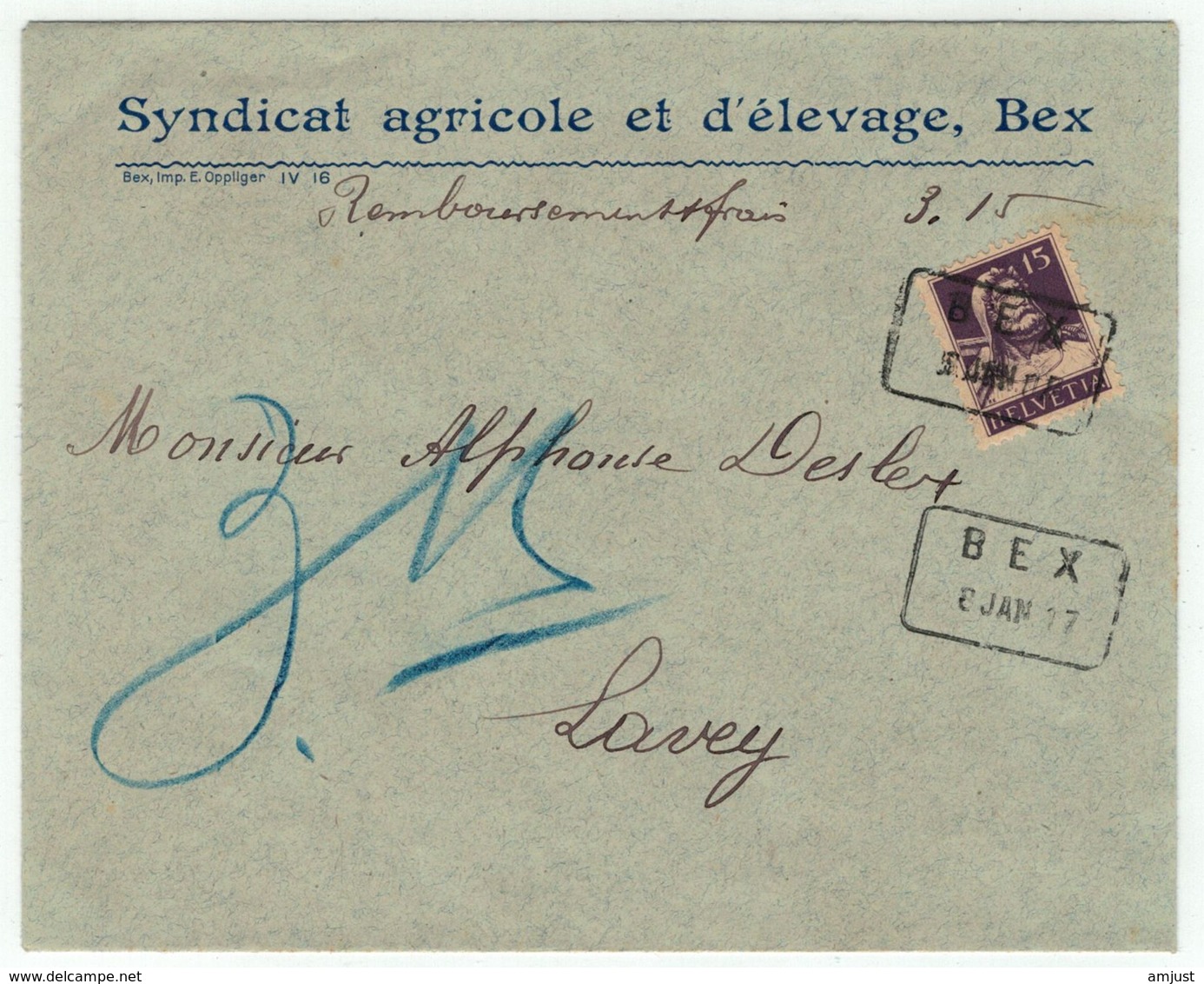 Suisse // Schweiz // Switzerland  // 1907-1939 // Lettre Pour Lavey Au Départ De Bex Avec Cachet Spécial 8.01.1917 - Lettres & Documents