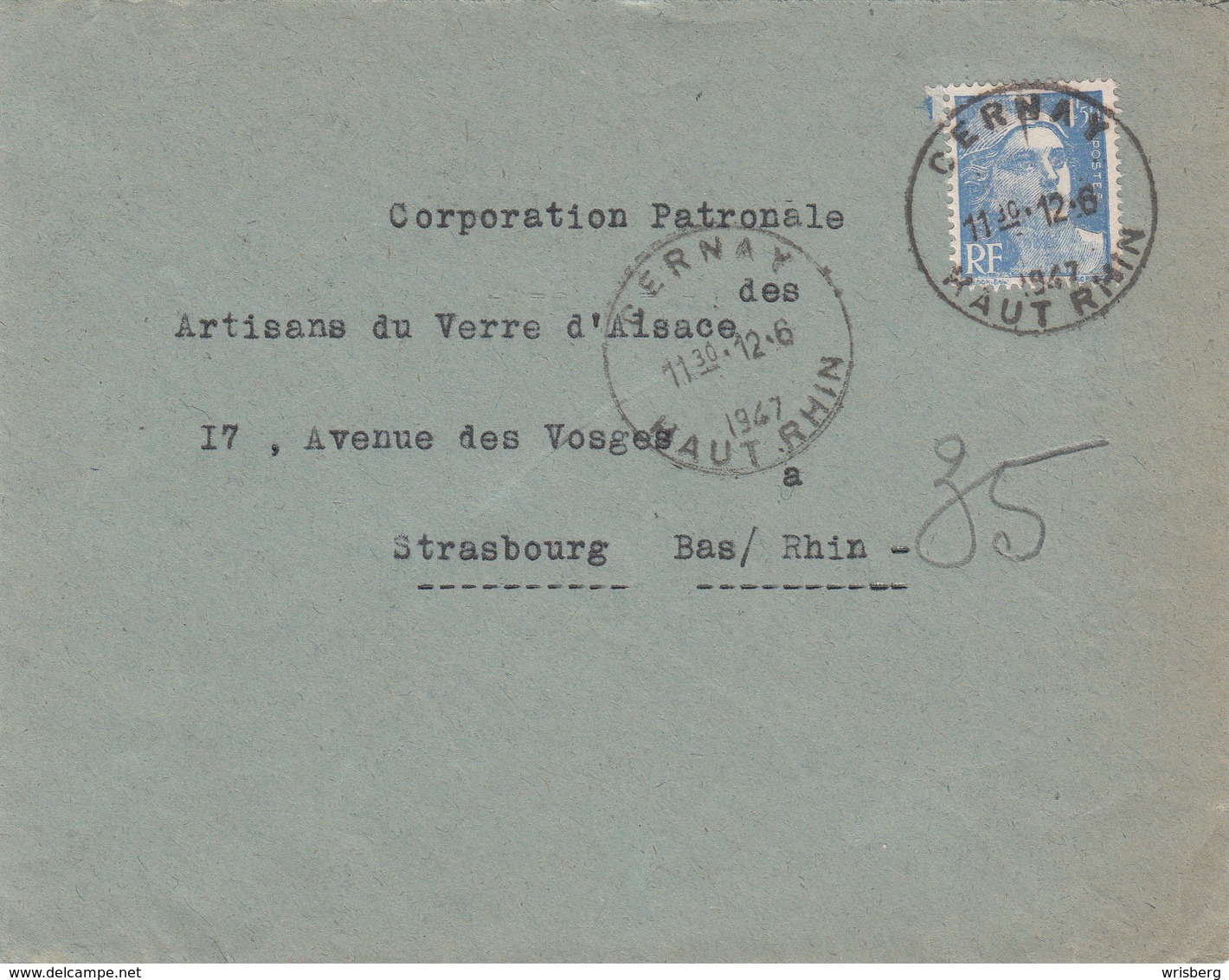 Env Affr Y&T 718A Obl CERNAY Du 12.6.1947 Adressée à Strasbourg - 1849-1876: Klassik